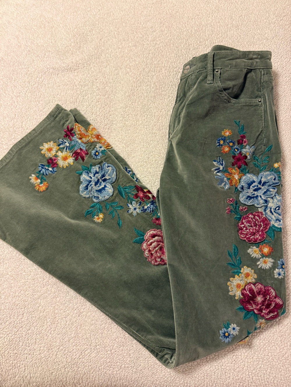 DRIFTWOOD x Free People Farrah Embroidered Corduroy Flare Pants Green Wide Leg - Picture 14 of 16